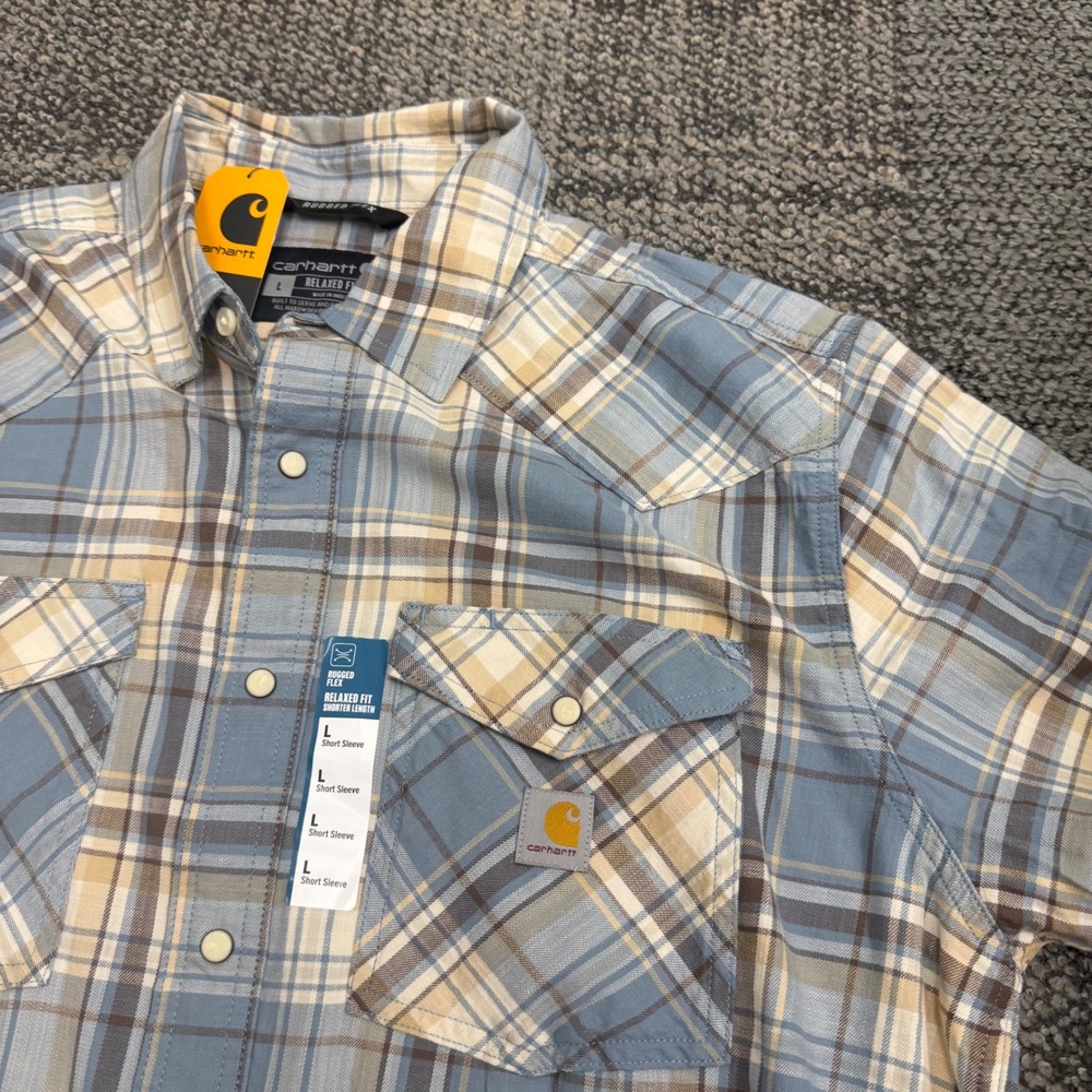 Carhartt Rugged Flex Shirt Mens L Blue Plaid Short Sleeve Pearl Snap Western